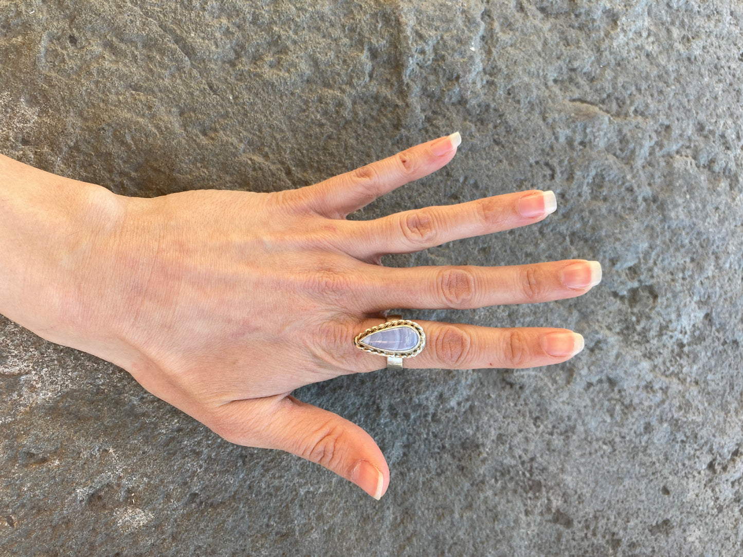 Blue Lace Agate Wire Twist Teardrop Ring