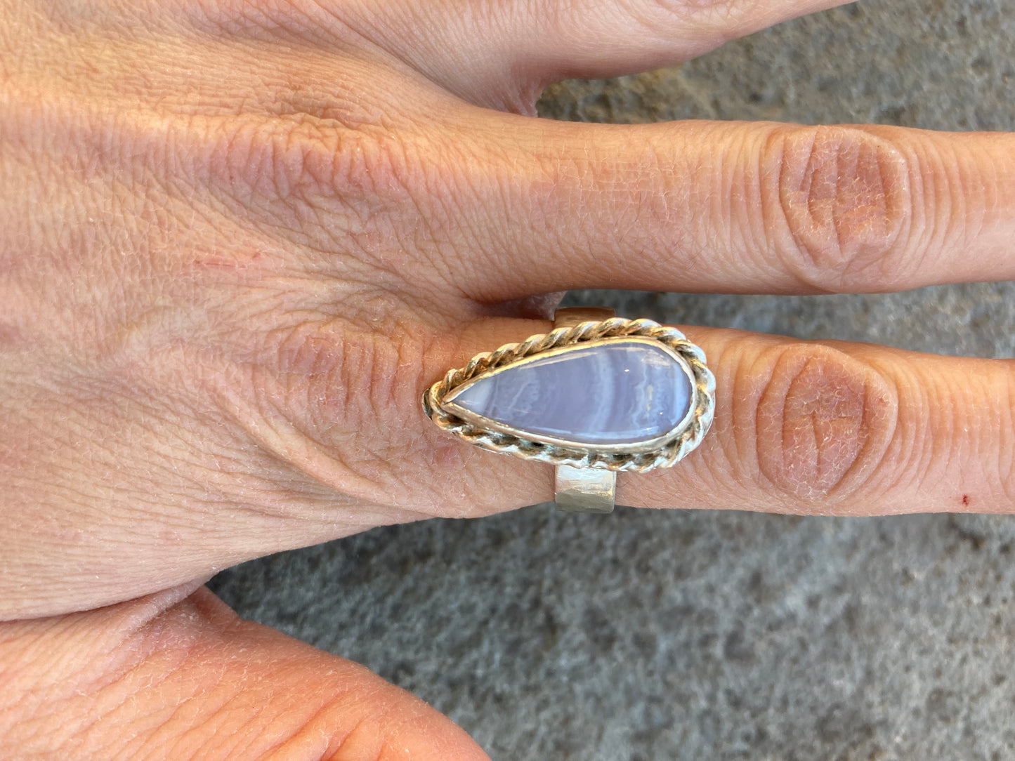 Blue Lace Agate Wire Twist Teardrop Ring