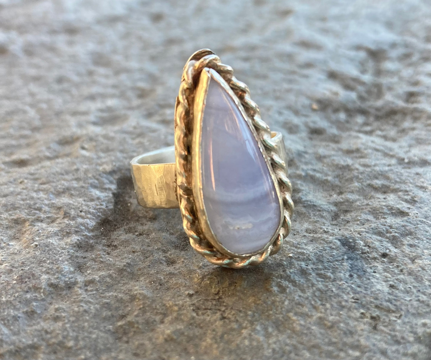 Blue Lace Agate Wire Twist Teardrop Ring