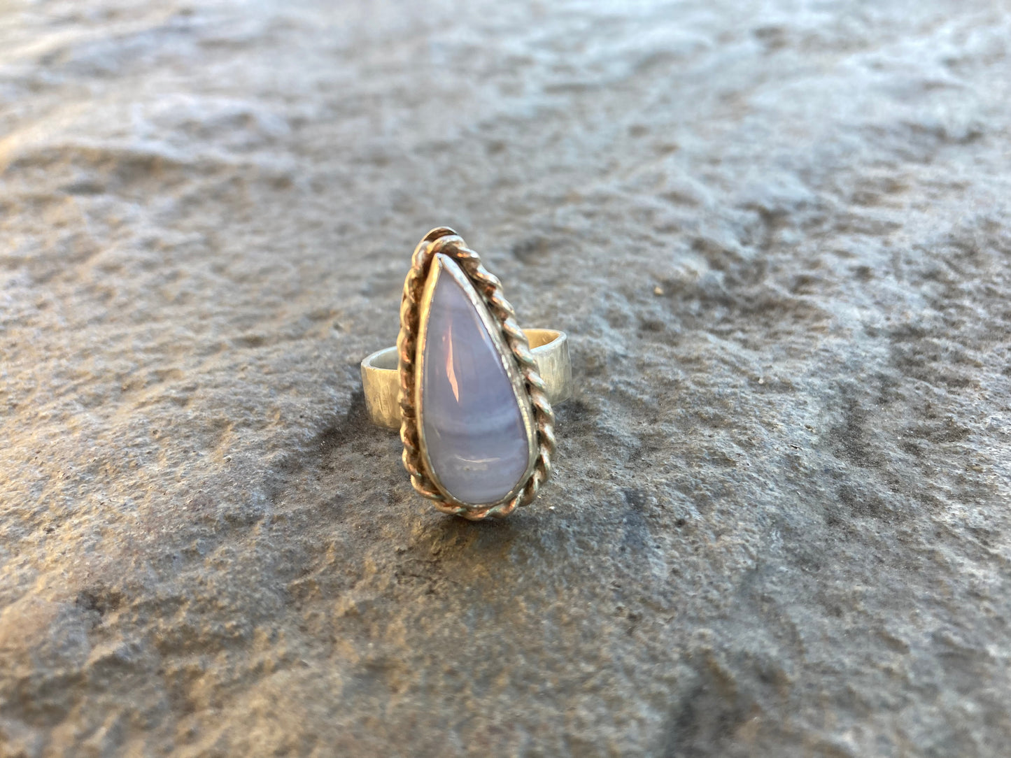 Blue Lace Agate Wire Twist Teardrop Ring